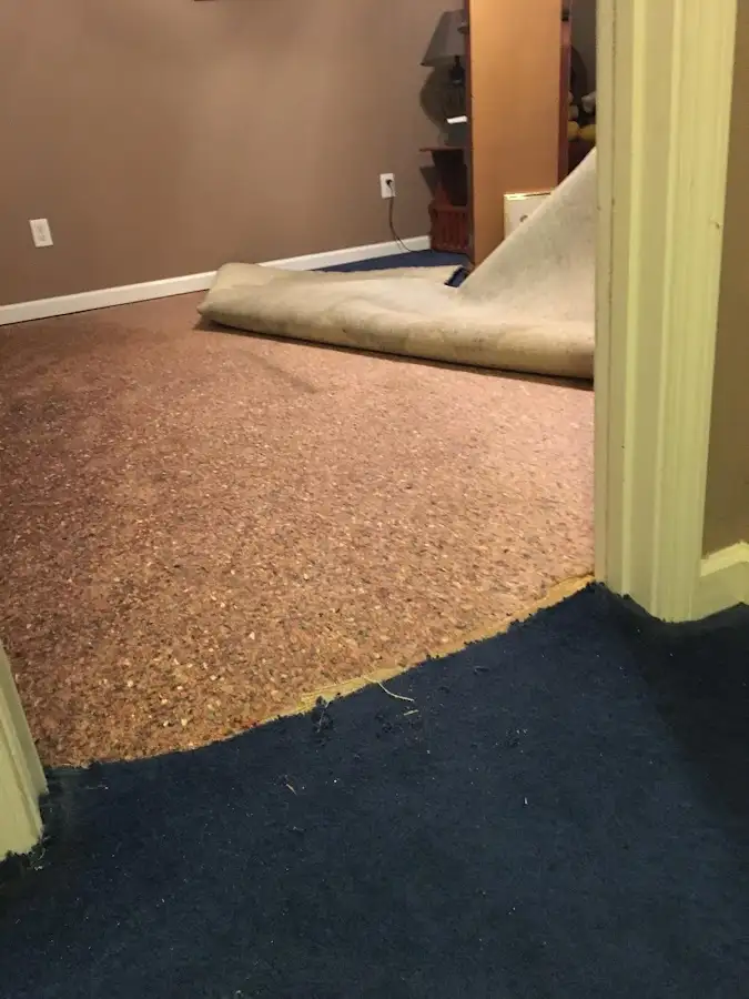 Carpet pad removal revealing water damage during Drying & Dehumidification in Edmond